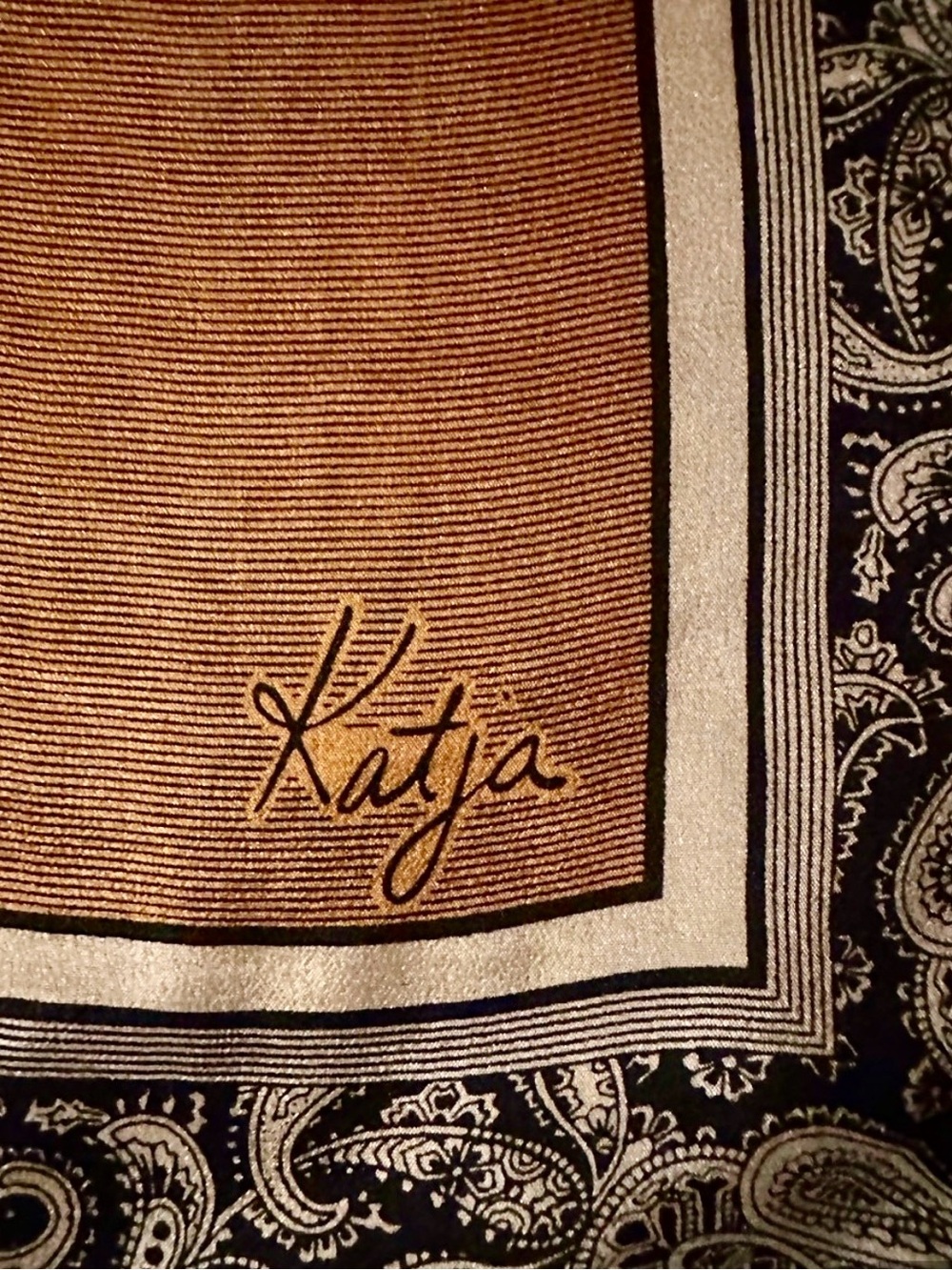 100% Silk KATJA Vintage 27” Square. Caramel w/ Black Detail. Rare Find.